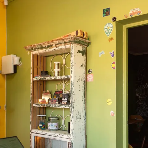 Weathered cabinet with stickers