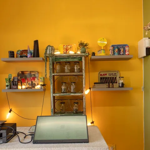 Apothecary jars on the shelving